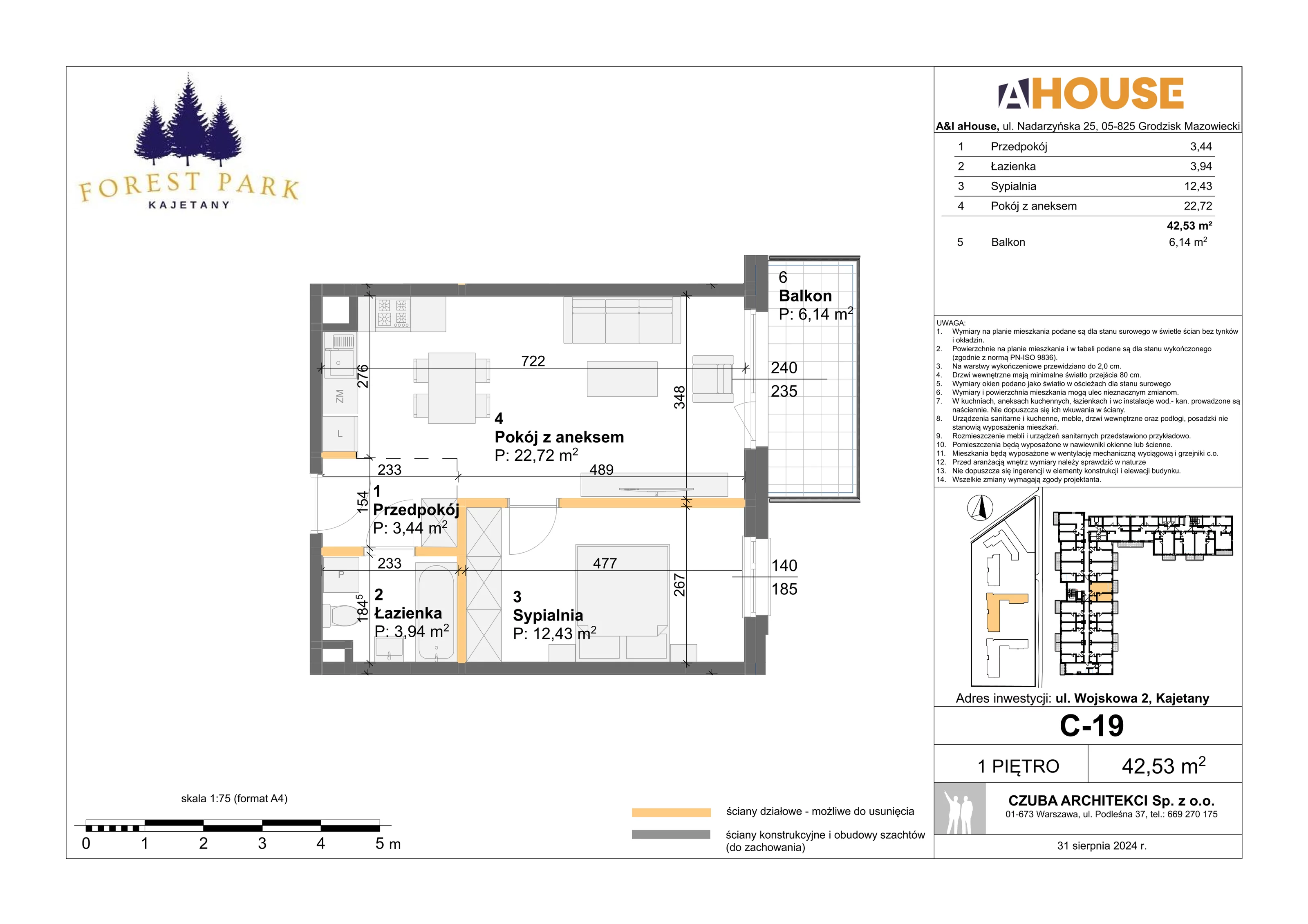 2 pokoje, mieszkanie 42,53 m², piętro 1, oferta nr C-19, Forest Park Kajetany, Kajetany, ul. Wojskowa 2